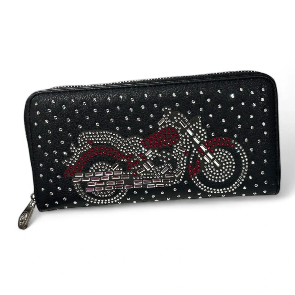 Studded Black Wallet with Motorcycle Design